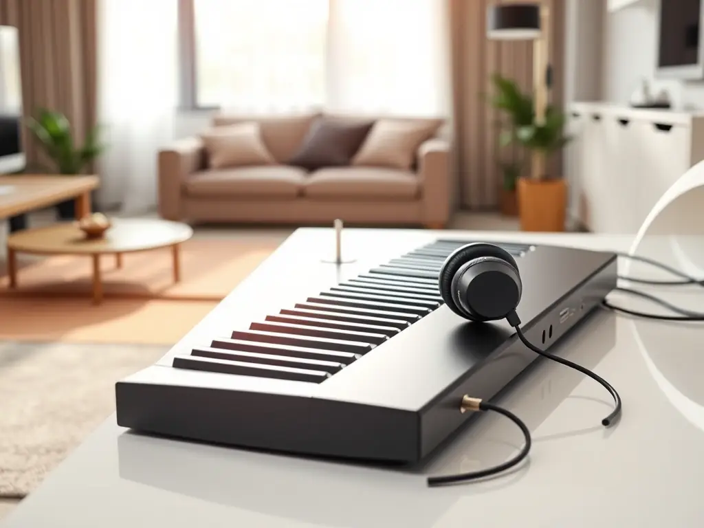 A digital keyboard with headphones plugged in, set against a backdrop of a modern apartment, emphasizing the ability to practice silently.
