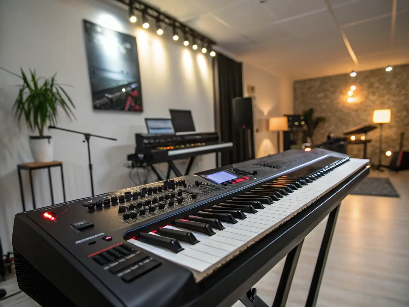 A close-up shot of a digital keyboard showcasing its weighted keys and sleek design, highlighting the realistic feel and modern aesthetics.